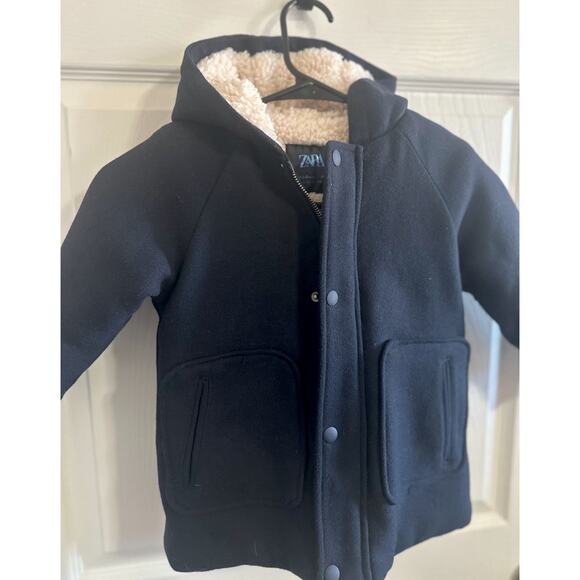 Zara Duffle Faux Shearling Lining Hooded Coat Size 2-3 Years Black Zip Up - Picture 1 of 8